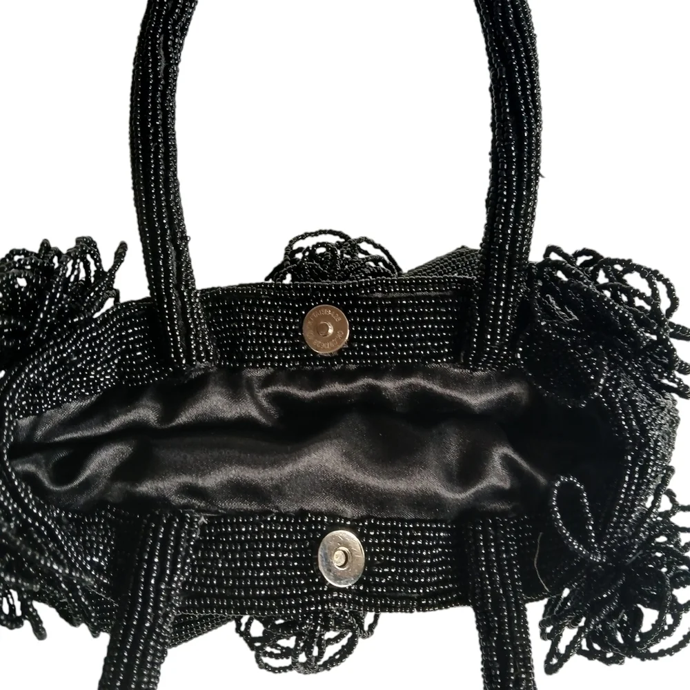 Vintage 80's Bag Black Glass Beads Beaded Strap Satin Lined Florets